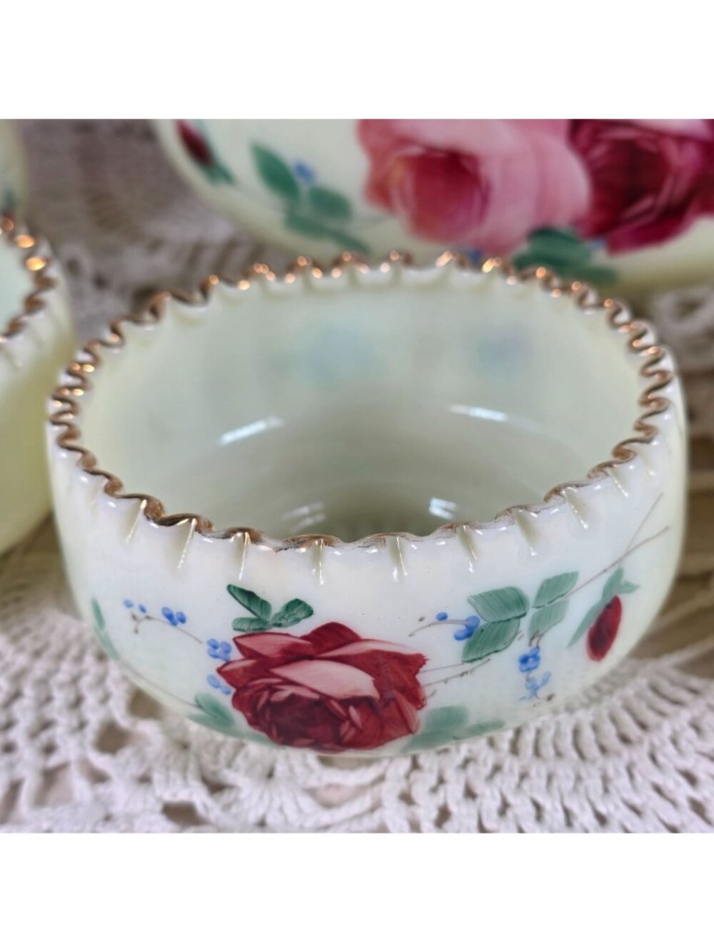 Antique Jefferson Optic Custard Glass Berry Bowl Set 7 Pc Hand Painted Roses Gol - Picture 5 of 15